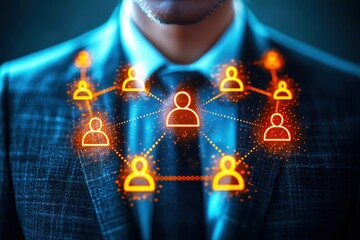 Wall Mural - businessman in suit with digital connections representing networking and communication among people 