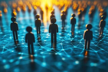 Wall Mural - a diverse group of silhouetted figures connected by digital networking lines in a futuristic environ