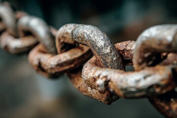 Fototapete - Close-up view of an old, rusted metal chain in an outdoor setting, showcasing wear and tear from time and elements
