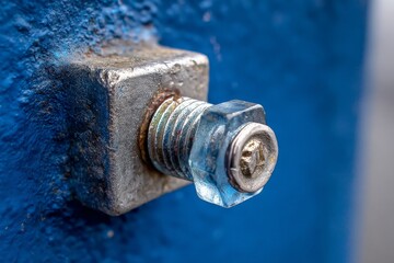 Leinwandbilder - Close-up view of a metallic bolt and nut against a blue background showing texture and detail in construction materials