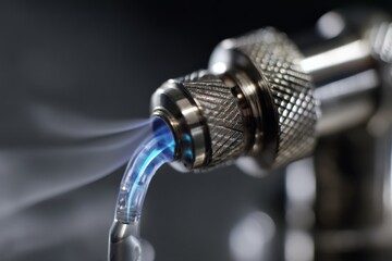 Leinwandbilder - Detail of a precision tool releasing vaporized liquid with vibrant blue glow in a close-up view