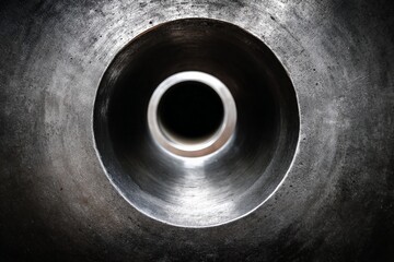 Leinwandbilder - Close view of an industrial metal tube showcasing intricate textures and profiles in a well-lit workshop environment