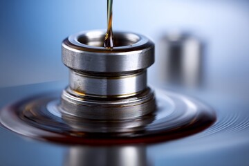 Fototapete - Oil is being poured into a metallic component in a workshop setting with a blurred background and focus on the intricate details