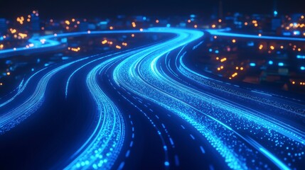 Fototapete - Abstract glowing blue light trails over a city at night, resembling roads or data streams.