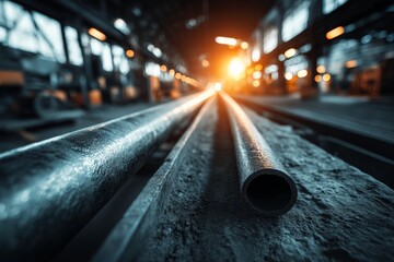 Poster - Steel pipes in a dimly lit industrial setting with warm sunlight filtering through large windows at dusk