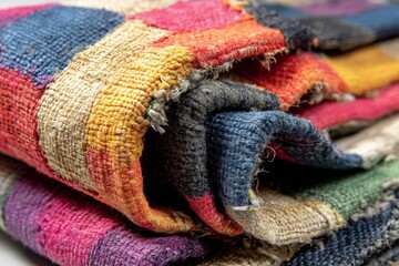 Poster - Colorful handwoven textiles neatly folded showcasing vibrant patterns and rich textures in a crafting studio