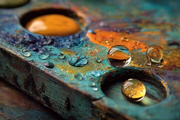 Poster - Colorful palette with water droplets reflecting vibrant hues of paint in an artistic setting