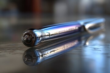 Poster - Close-up of a pen reflecting on a glass surface during afternoon light creating an atmosphere of creativity and focus