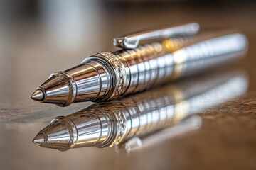 Aufkleber - Elegant metallic pen resting on polished surface reflecting light and surroundings in a well-lit office setting
