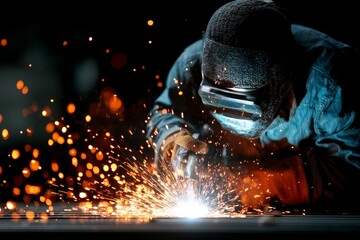 Aufkleber - Skilled welder creates sparks while working on metal fabrication during nighttime in a workshop