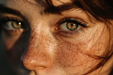 Poster - Close-up of a person with striking green eyes and freckles during golden hour light