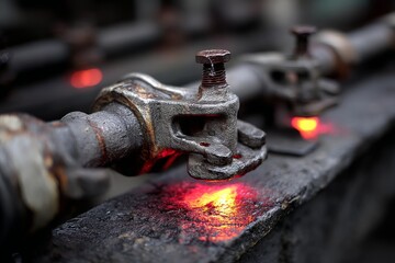 Poster - Rusty metallic components glowing with heat in an industrial setting during a manufacturing process
