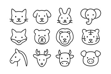 Fototapete - Collection of simple web icons featuring various animal faces including a cat, dog, and more in minimalist design style