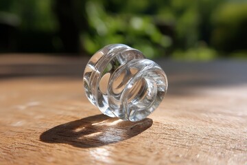 Leinwandbilder - Clear glass object resting on a wooden surface with natural sunlight creating soft shadows
