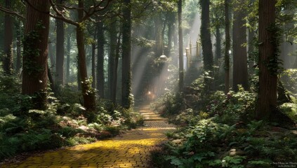  Serene Forest Path Sunlight Streaming Through Ancient Trees, A Dreamy, Verdant Escape