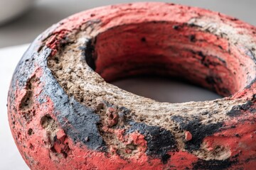 Leinwandbilder - Old, weathered tire ring with red and black colors showing wear and tear from outdoor use