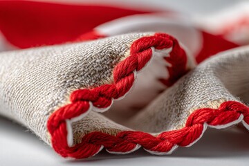 Leinwandbilder - Textured fabric with intricate red trim highlighting its details in a close-up view