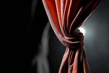 Poster - Elegant red curtain tied back, creating dramatic light effects in a darkened theater setting