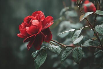 Poster - Vibrant red rose with raindrops under soft light in a serene garden setting showcasing nature's beauty