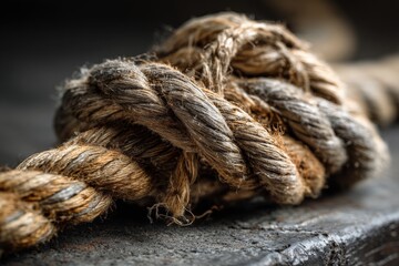 Fototapete - Detailed view of a tightly knotted rope resting on a wooden surface in natural light