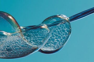 Poster - Unique formation of soap bubbles captured in a close-up against a blue background during bright daylight