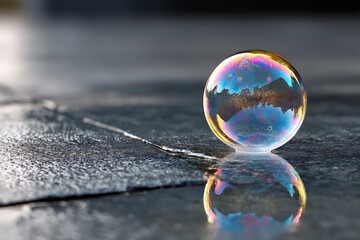 Poster - Reflective bubble resting on wet surface showcasing vibrant colors and scenery