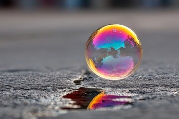 Poster - Colorful soap bubble reflecting the surroundings on a wet surface in a sunny outdoor setting