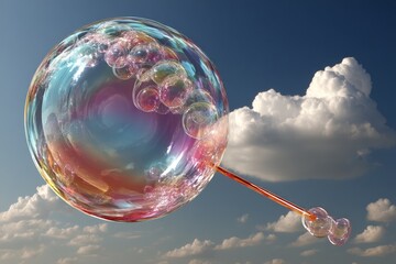Poster - Colorful soap bubble floating against a bright blue sky with fluffy clouds during a sunny day