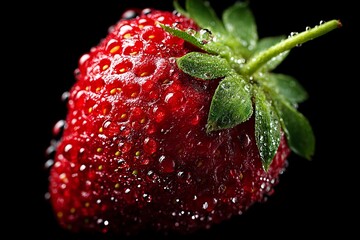 Wall Mural - Fresh strawberry glistening with water droplets against a black background capturing the essence of summer freshness