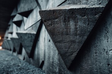 Aufkleber - Concrete wall design featuring triangular shapes along an urban walkway in the evening light