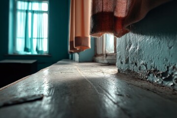 Aufkleber - Soft light filters through sheer curtains in an abandoned, rustic room showcasing faded wooden surfaces