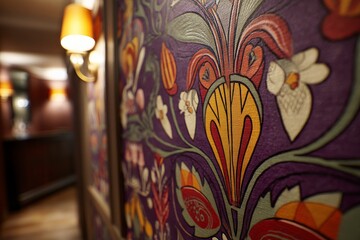 Aufkleber - Vibrant floral mural on a wall inside an elegant setting with warm lighting