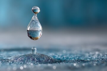 Poster - Captivating moment of a water droplet forming and splashing in a tranquil blue setting during daylight