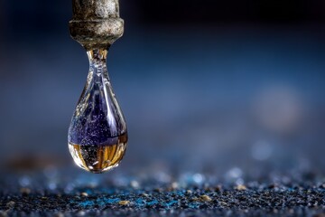 Poster - Close-up of a water droplet hanging from a metal surface in a textured setting with blurred background