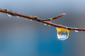 Poster - Morning dew clings to a twig on a cool spring day with soft colors in the background