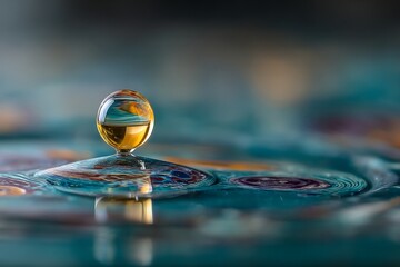 Poster - Colorful water droplet creates ripples on a flat surface reflecting vibrant hues during an experimental session