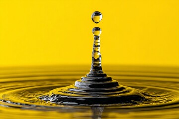 Poster - Water droplet creates ripple effect against bright yellow background in abstract composition showcasing fluid dynamics