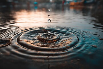Poster - Water droplet creates ripples in calm water at sunset by the lake