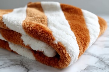 Poster - Cozy orange and white striped blanket folded on a marble surface in a warm indoor setting