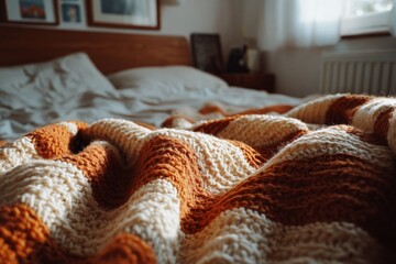 Poster - Cozy knitted blanket draped on a bed in a serene bedroom during the early morning light