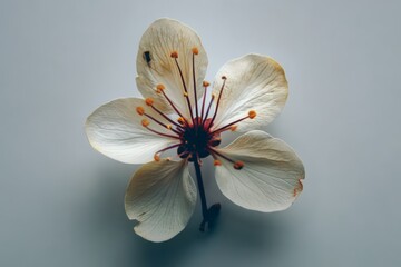 Poster - Delicate white blossom with yellow stamens displayed on a neutral background in natural lighting