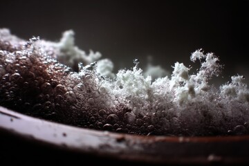 Poster - Close-up view of bubbles and foam forming in a dark bowl during a culinary preparation process