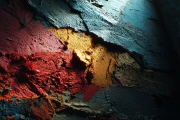 Aufkleber - Colorful texture on an old wall with peeling paint reflecting light in a dimly lit room