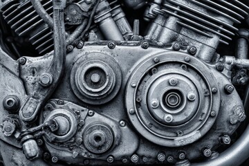 Poster - Close-up view of a motorcycle engine showcasing intricate mechanical details and aged metal components