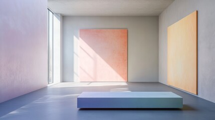Poster - Minimalist art gallery interior with pastel canvases, sunlight, and modern bench.