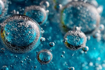 Poster - Bubbles rising in vibrant blue liquid create an intriguing visual texture during a refreshing drink experience