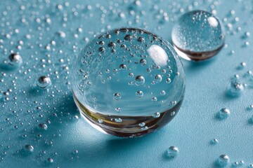 Aufkleber - Close-up of water droplets on a smooth surface, showcasing beautiful reflections and bubbles in bright lighting