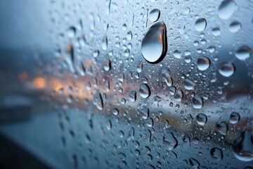 Aufkleber - Raindrops on a window create a blurred view of a city skyline during a rainy evening