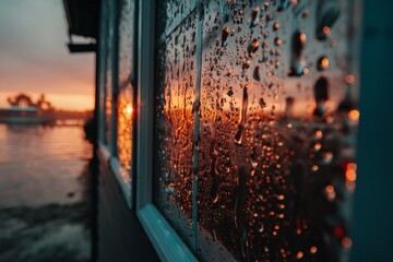 Aufkleber - Window with raindrops reflecting a vibrant sunset over a serene waterfront in the evening
