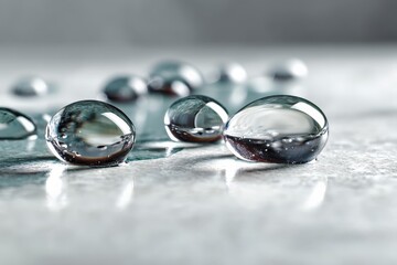 Poster - Close-up view of water droplets on a smooth surface capturing reflections and light during morning hours